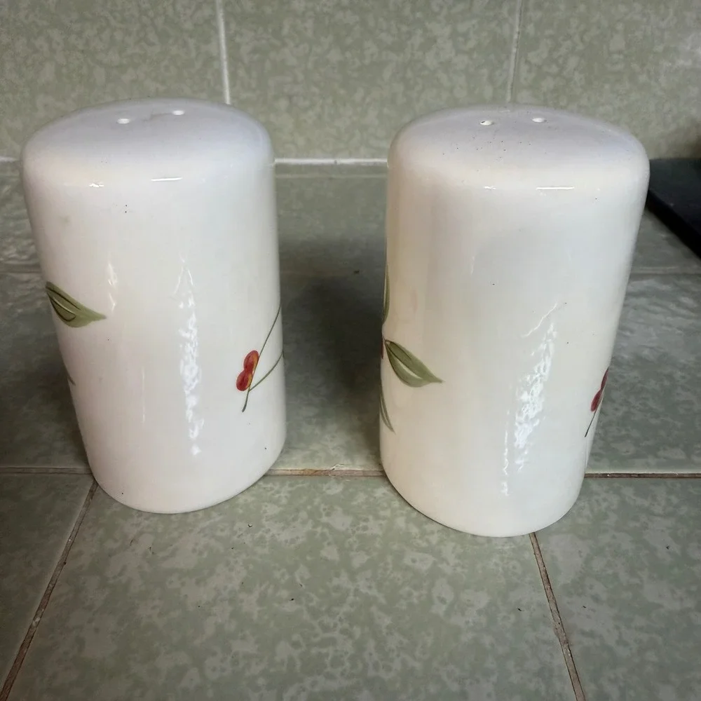 Target Home 2004 White Ceramic Salt and Pepper Shakers Green Leaves Red Berries
